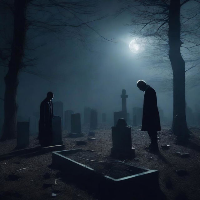 A mysterious man is digging up a glass coffin containing a deceased woman, set in a dark, eerie cemetery under the moonlight