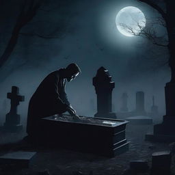 A mysterious man is digging up a glass coffin containing a deceased woman, set in a dark, eerie cemetery under the moonlight