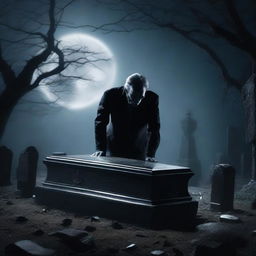 A mysterious man is digging up a glass coffin containing a deceased woman, set in a dark, eerie cemetery under the moonlight