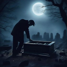 A mysterious man is digging up a glass coffin containing a deceased woman, set in a dark, eerie cemetery under the moonlight