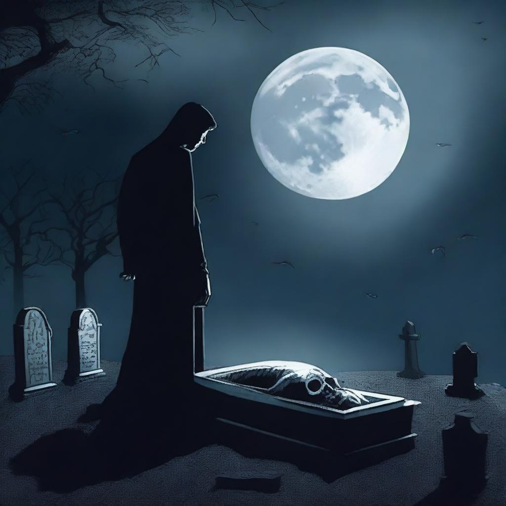 Generate an image of a mysterious man in the process of digging up a glass coffin with a deceased woman inside