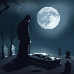Generate an image of a mysterious man in the process of digging up a glass coffin with a deceased woman inside