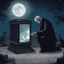 Generate an image of a mysterious man in the process of digging up a glass coffin with a deceased woman inside