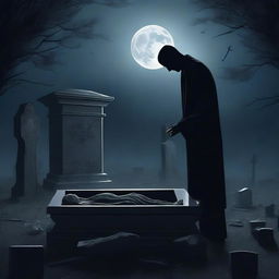 Generate an image of a mysterious man in the process of digging up a glass coffin with a deceased woman inside