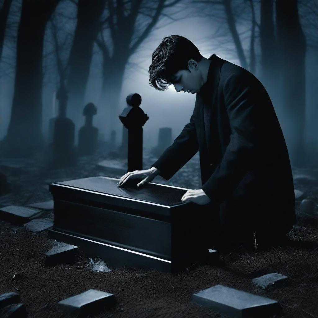 Create an image of a mysterious man digging up a glass coffin containing the deceased Fairuza Balk in a dark cemetery at night