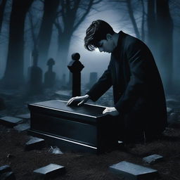 Create an image of a mysterious man digging up a glass coffin containing the deceased Fairuza Balk in a dark cemetery at night