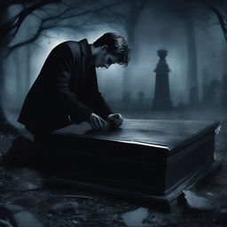Create an image of a mysterious man digging up a glass coffin containing the deceased Fairuza Balk in a dark cemetery at night