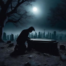 Create an image of a mysterious man digging up a glass coffin containing the deceased Fairuza Balk in a dark cemetery at night