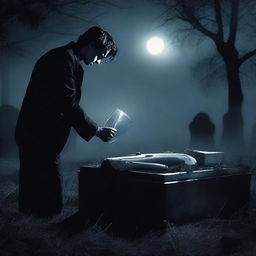 Create an image of a mysterious man digging up a glass coffin containing the deceased Fairuza Balk in a dark cemetery at night