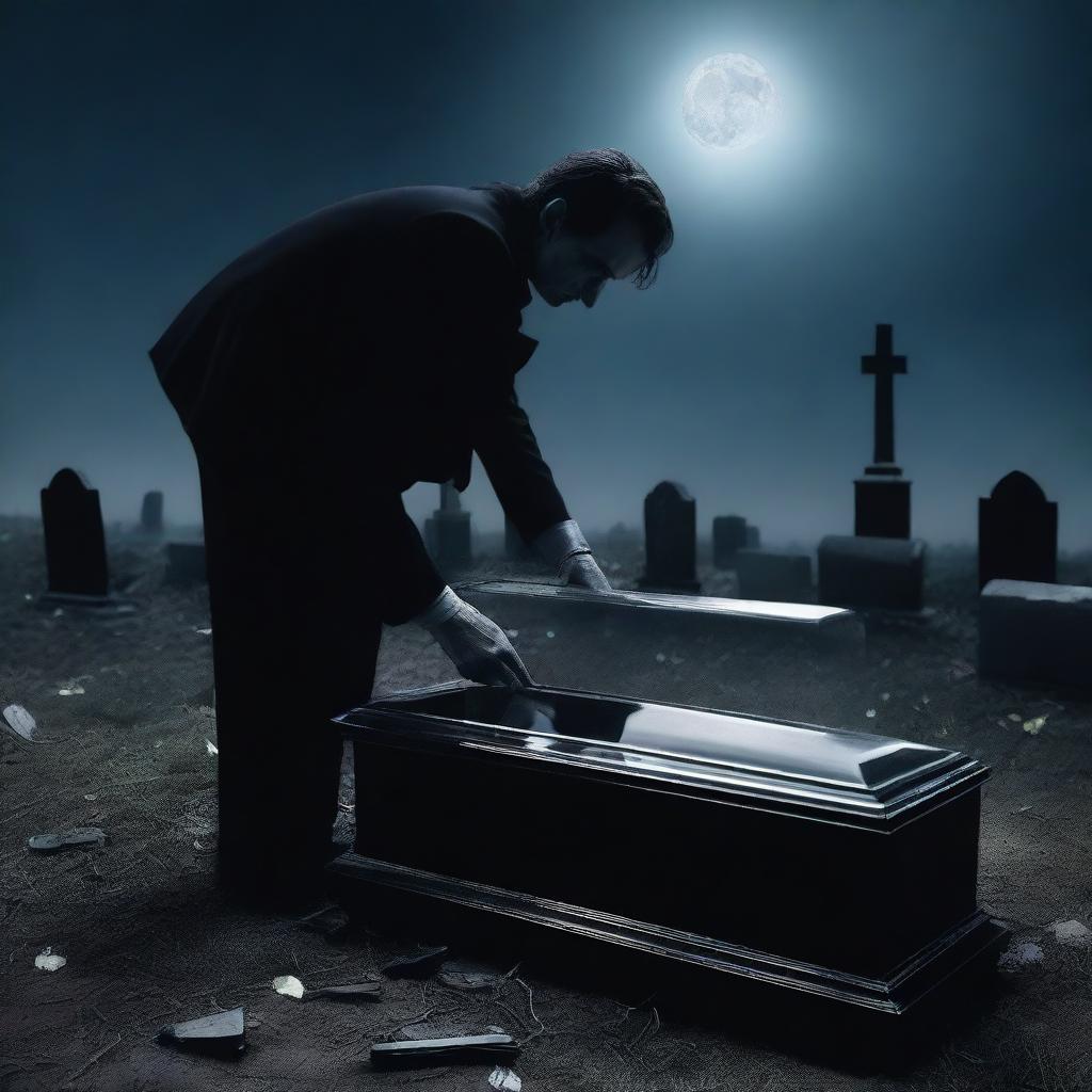 Generate an image of a mysterious man in the process of digging up a clear glass coffin with the deceased Fairuza Balk inside