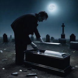 Generate an image of a mysterious man in the process of digging up a clear glass coffin with the deceased Fairuza Balk inside