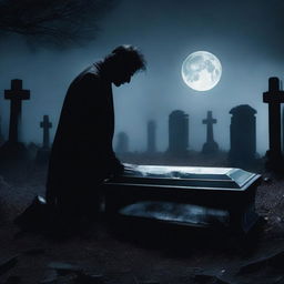 Generate an image of a mysterious man in the process of digging up a clear glass coffin with the deceased Fairuza Balk inside