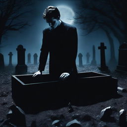 Generate an image of a mysterious man in the process of digging up a clear glass coffin with the deceased Fairuza Balk inside
