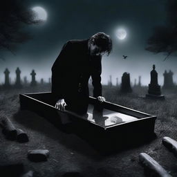Generate an image of a mysterious man in the process of digging up a clear glass coffin with the deceased Fairuza Balk inside