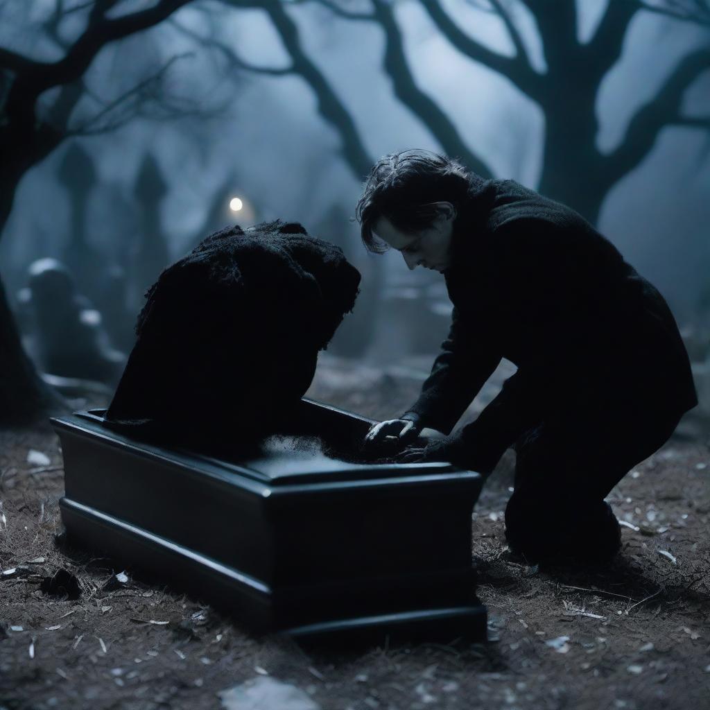 Depict an image of a mysterious man who is in the process of digging up a clear glass coffin