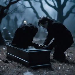 Depict an image of a mysterious man who is in the process of digging up a clear glass coffin