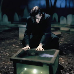 Depict an image of a mysterious man who is in the process of digging up a clear glass coffin