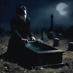 Depict an image of a mysterious man who is in the process of digging up a clear glass coffin
