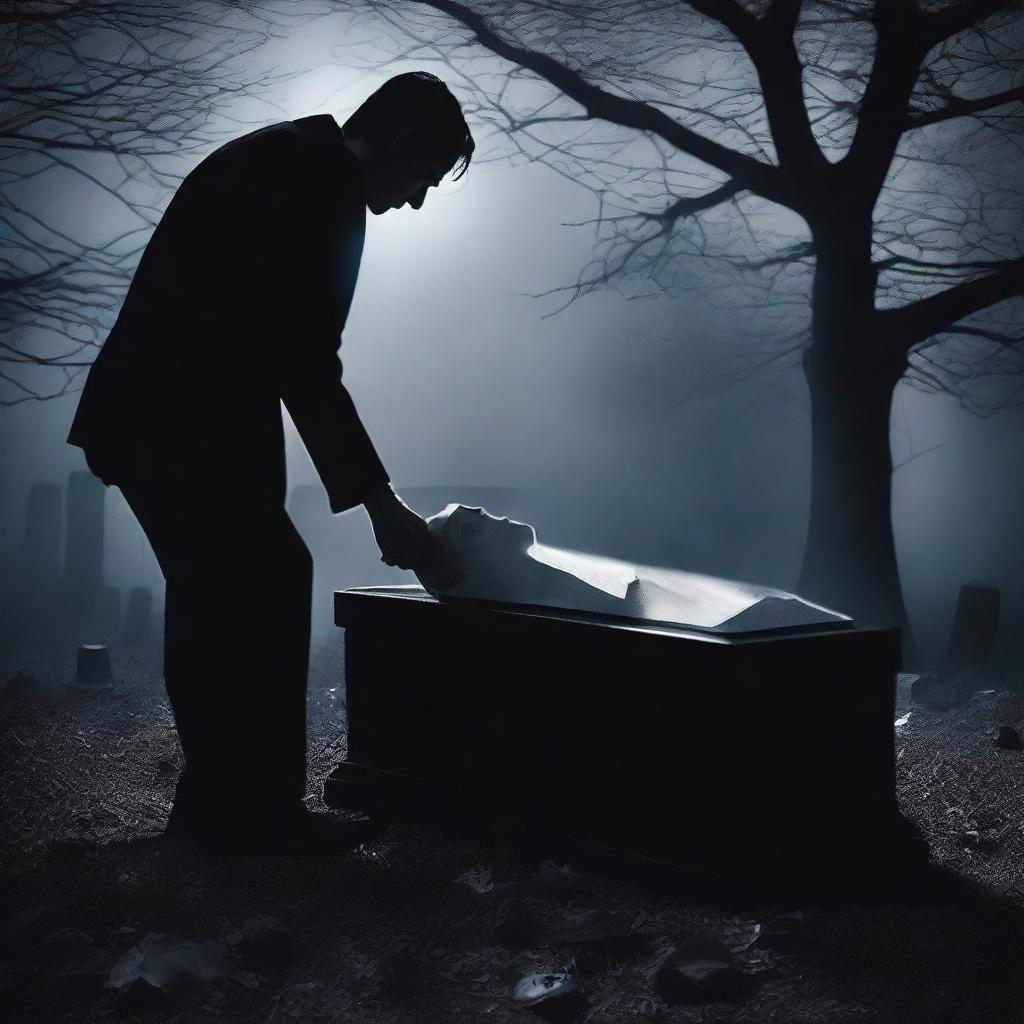 Create a haunting image of a mysterious man, digging up a clear glass coffin containing a deceased woman