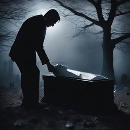 Create a haunting image of a mysterious man, digging up a clear glass coffin containing a deceased woman
