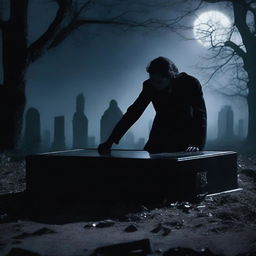 Create a haunting image of a mysterious man, digging up a clear glass coffin containing a deceased woman