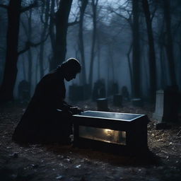 Create a haunting image of a mysterious man, digging up a clear glass coffin containing a deceased woman