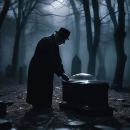 Create a haunting image of a mysterious man, digging up a clear glass coffin containing a deceased woman