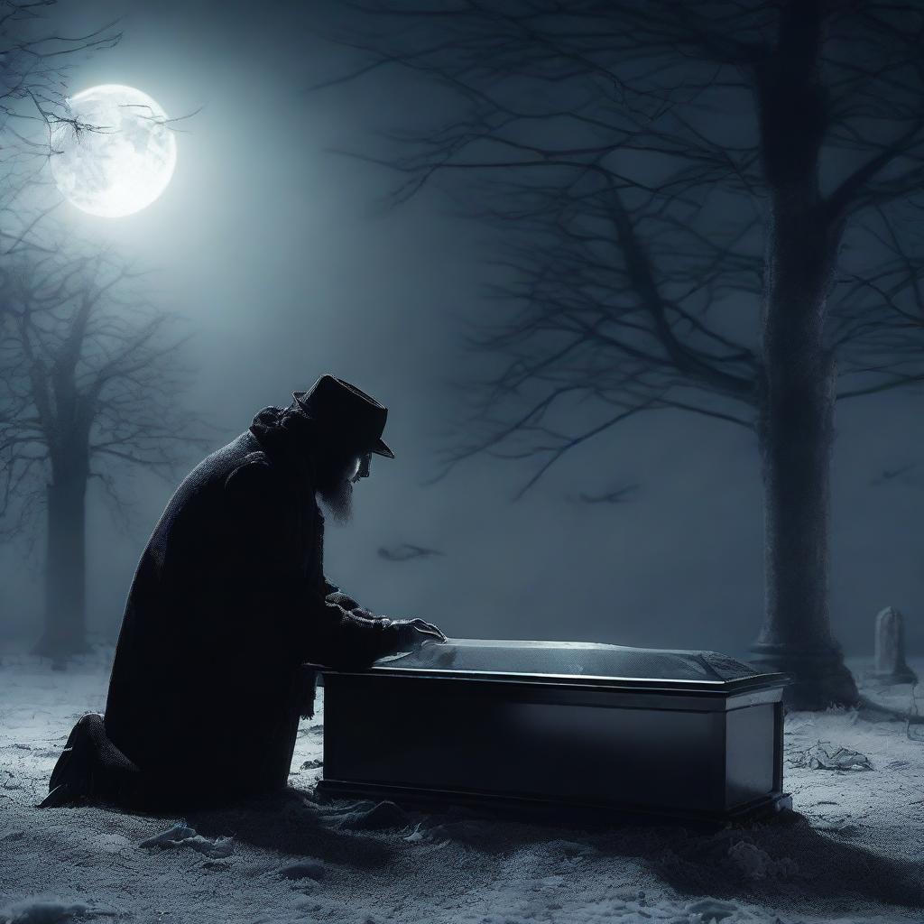 Create a chilling image of a mysterious man, unearthing a clear glass coffin with a deceased woman inside