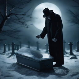 Create a chilling image of a mysterious man, unearthing a clear glass coffin with a deceased woman inside