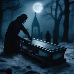 Create a chilling image of a mysterious man, unearthing a clear glass coffin with a deceased woman inside