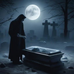 Create a chilling image of a mysterious man, unearthing a clear glass coffin with a deceased woman inside