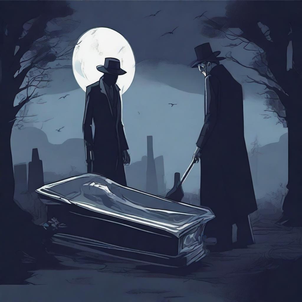 Generate an image of a mysterious man, armed with a shovel, who is in the process of digging up a clear glass coffin