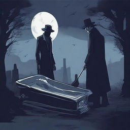 Generate an image of a mysterious man, armed with a shovel, who is in the process of digging up a clear glass coffin