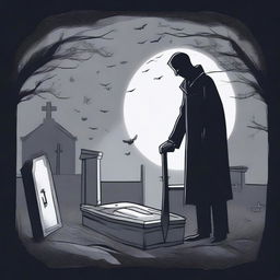 Generate an image of a mysterious man, armed with a shovel, who is in the process of digging up a clear glass coffin