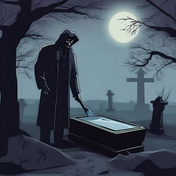 Generate an image of a mysterious man, armed with a shovel, who is in the process of digging up a clear glass coffin