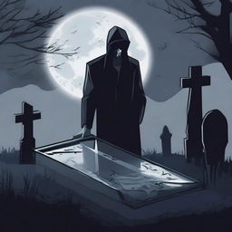 Generate an image of a mysterious man, armed with a shovel, who is in the process of digging up a clear glass coffin