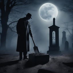 Create a spine-chilling image of a mysterious man holding a shovel, digging up a clear glass coffin containing a deceased woman