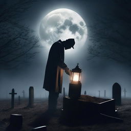 Create a spine-chilling image of a mysterious man holding a shovel, digging up a clear glass coffin containing a deceased woman