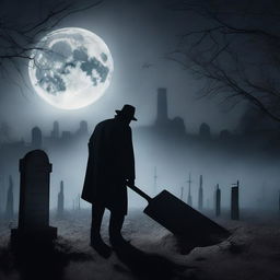 Create a spine-chilling image of a mysterious man holding a shovel, digging up a clear glass coffin containing a deceased woman