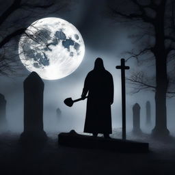 Create a spine-chilling image of a mysterious man holding a shovel, digging up a clear glass coffin containing a deceased woman