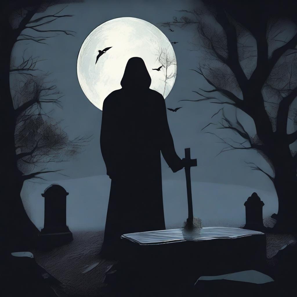 Generate a haunting image of a mysterious man with a shovel, unearthing a clear glass coffin containing a lifeless woman