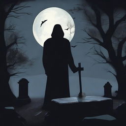 Generate a haunting image of a mysterious man with a shovel, unearthing a clear glass coffin containing a lifeless woman