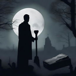 Generate a haunting image of a mysterious man with a shovel, unearthing a clear glass coffin containing a lifeless woman
