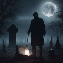 Generate a haunting image of a mysterious man with a shovel, unearthing a clear glass coffin containing a lifeless woman