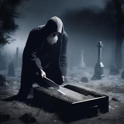 Generate an image of a mysterious man with a shovel, digging up a clear glass coffin containing a deceased woman
