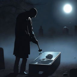 Generate an image of a mysterious man with a shovel, digging up a clear glass coffin containing a deceased woman