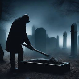 Generate an image of a mysterious man with a shovel, digging up a clear glass coffin containing a deceased woman