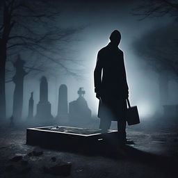 Generate an image of a mysterious man with a shovel, digging up a clear glass coffin containing a deceased woman