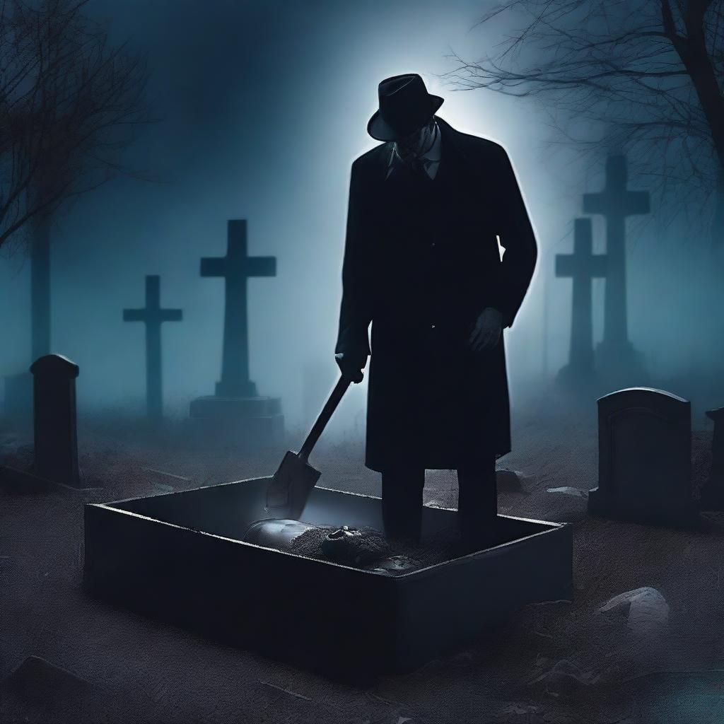 Generate an image of a mysterious man with a shovel, digging up a clear glass coffin containing a deceased woman