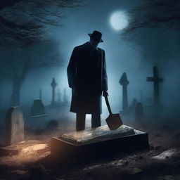 Generate an image of a mysterious man with a shovel, digging up a clear glass coffin containing a deceased woman